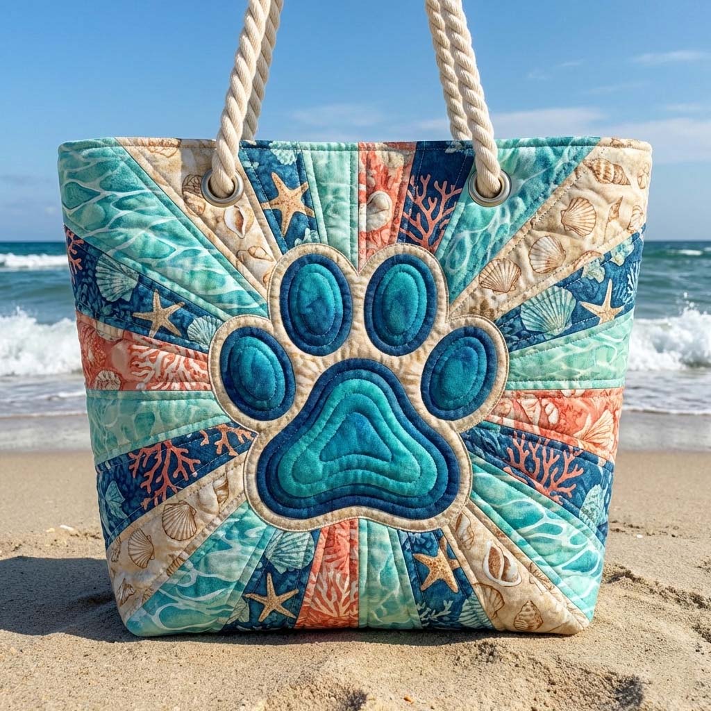 Handgjord Strandväska – Paw Prints Motif