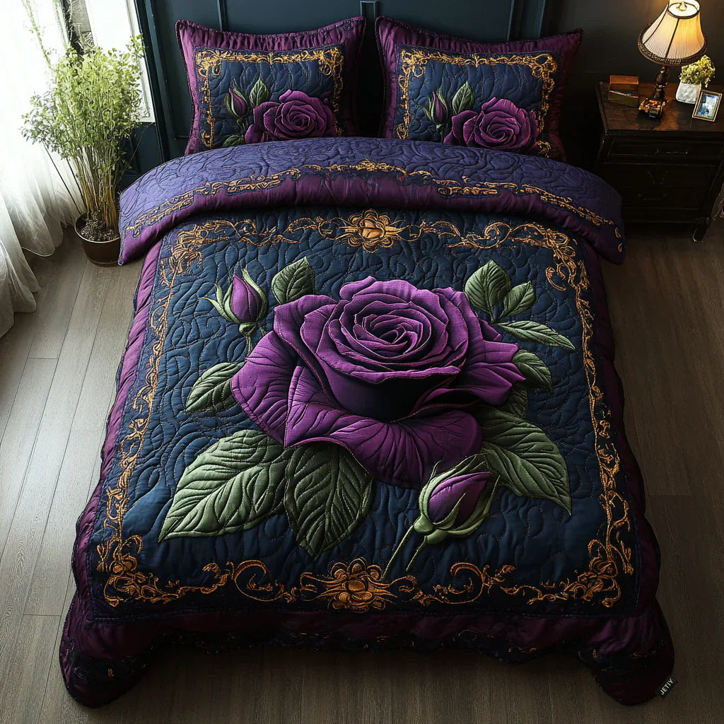 Kviltat Sängset 3 Delar – Violet Rose Colour