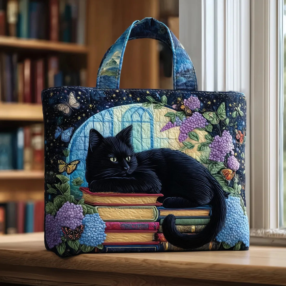 手作りバッグ　黒猫デザインの書籍用バッグ