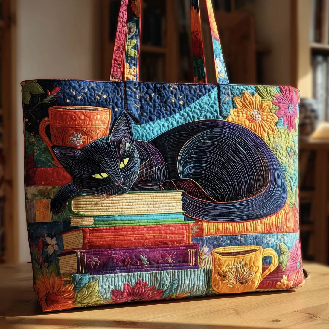 手作りバッグ　黒猫、書籍、カップのデザイン